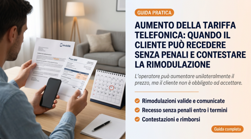 Aumento della tariffa telefonica: quando il cliente può recedere senza penali e contestare la rimodulazione