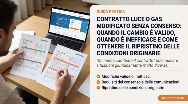 Contratto luce o gas modificato senza consenso: quando il cambio è valido, quando è inefficace e come ottenere il ripristino delle condizioni originarie